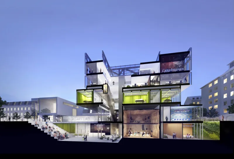 Cross-section of a modern glass building with open floors; people inside; urban dusk setting.