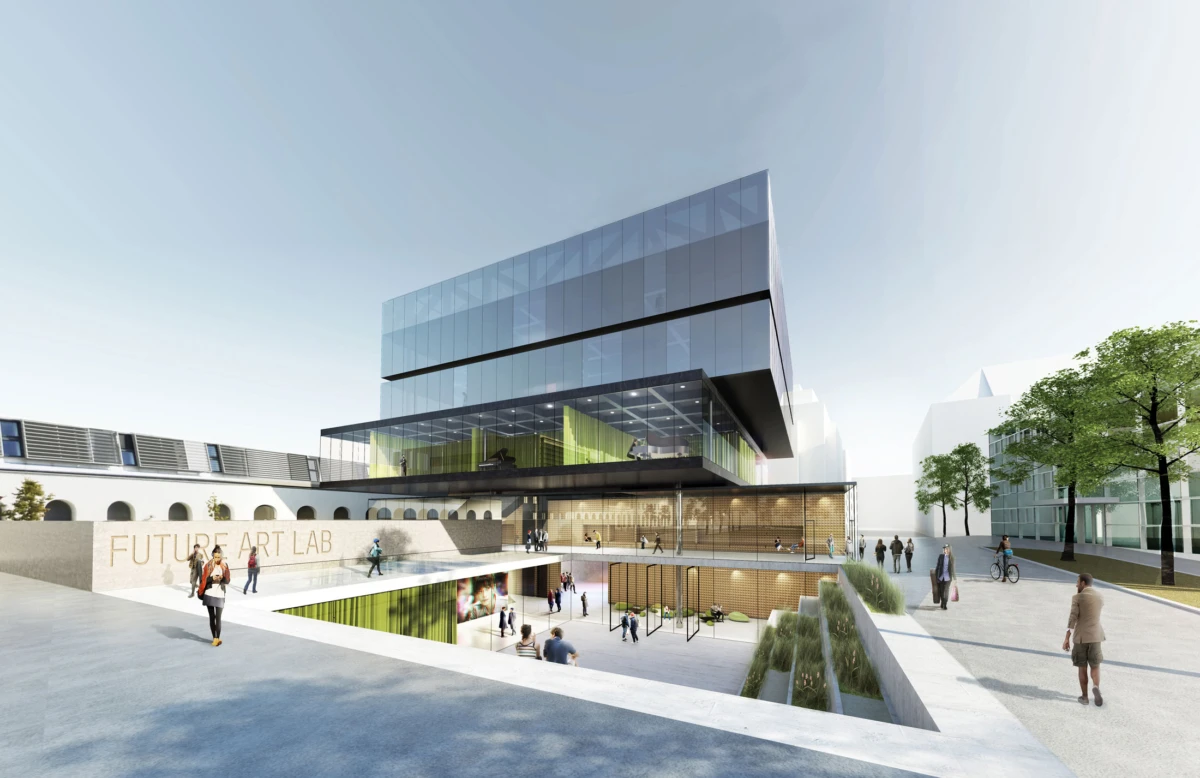 Modern glass-fronted building complex labeled 'Future Art Lab' with people walking in a sunlit plaza and a visible lower-level atrium.
