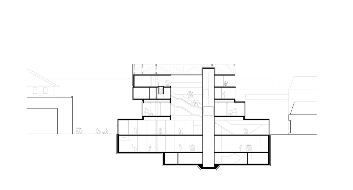 Section view of a multi-story modern building with a central vertical core and atrium, showing stairs, rooms, and scale figures.