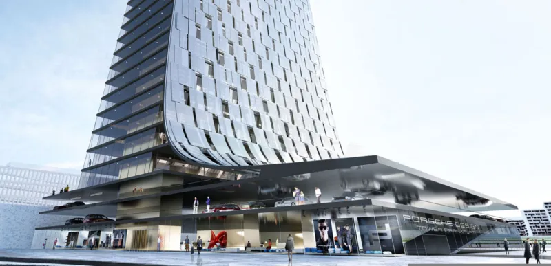 Futuristic glass-clad skyscraper with a curved facade; multi-level podium displaying luxury cars and pedestrians in a modern urban plaza.