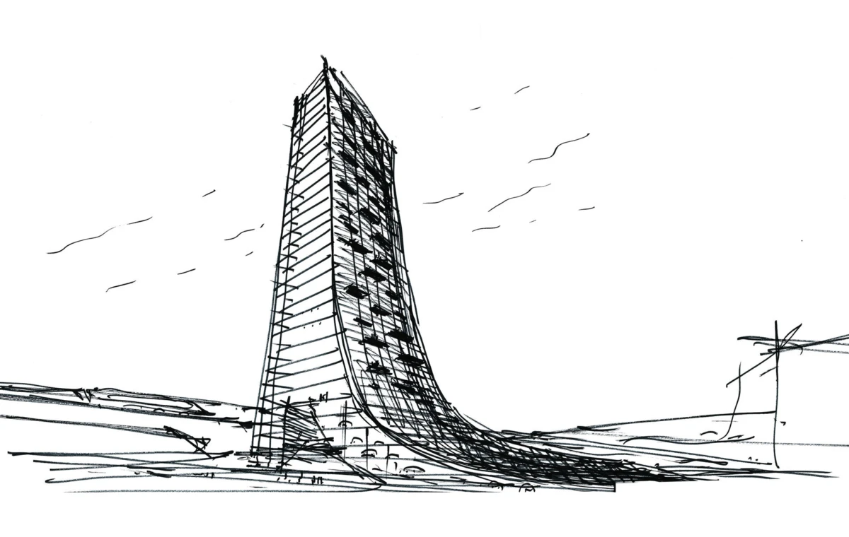 Tall skyscraper with a curved base rising from a flat, barren landscape.