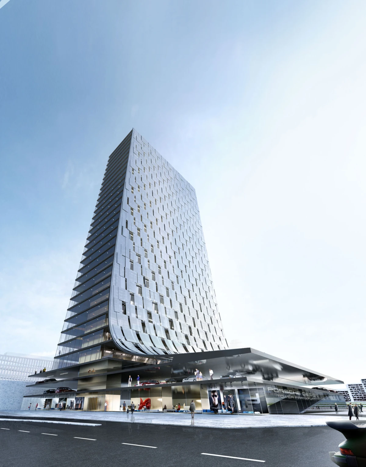 Curved-glass skyscraper rises from a multi-level retail podium; pedestrians and cars along a city street.