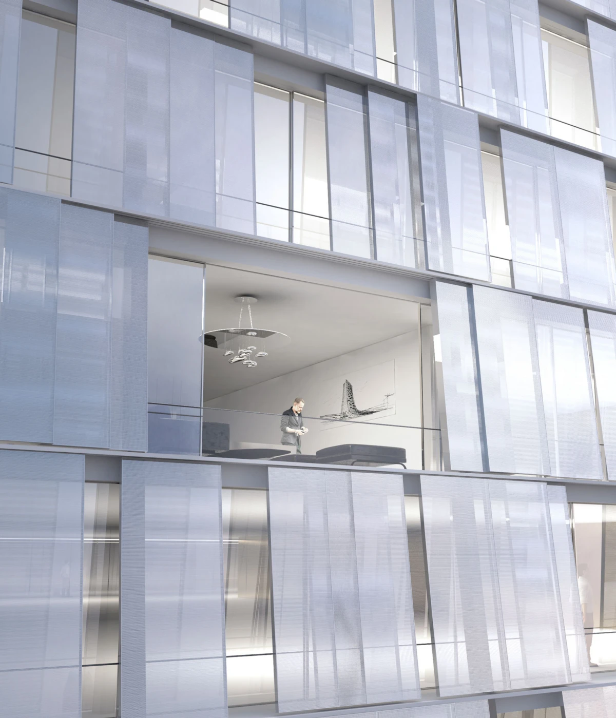 Person in a modern living room visible through a large window of a blue-glass apartment building, using a smartphone.