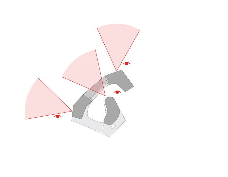 Patient lying on a medical bed, with three red eye icons and pink field-of-view wedges radiating outward.