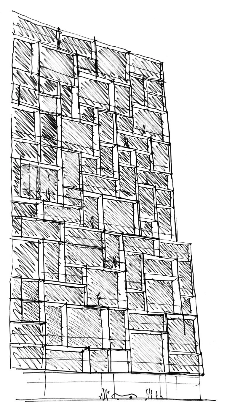 Hand-drawn masonry wall composed of irregular rectangular bricks.
