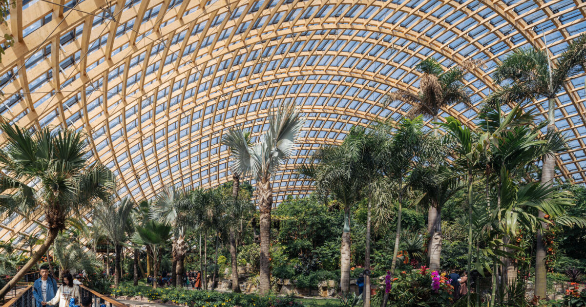 The domed greenhouse of the Taiyuan Botanical Garden at golden hour