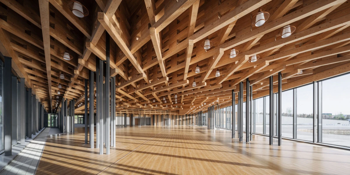 Spacious interior with an exposed wooden lattice ceiling, steel columns, and expansive windows; sunlight on a polished wooden floor.