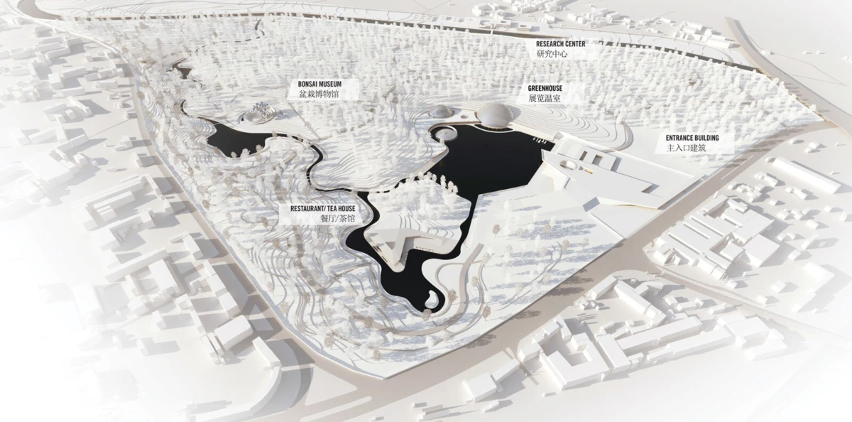 Aerial view of a park with ponds and winding paths; labeled sites: Bonsai Museum, Restaurant/Tea House, Greenhouse, Research Center, Entrance Building.