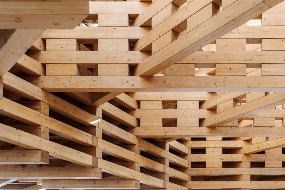 Interwoven wooden beams form a geometric lattice in a timber construction.