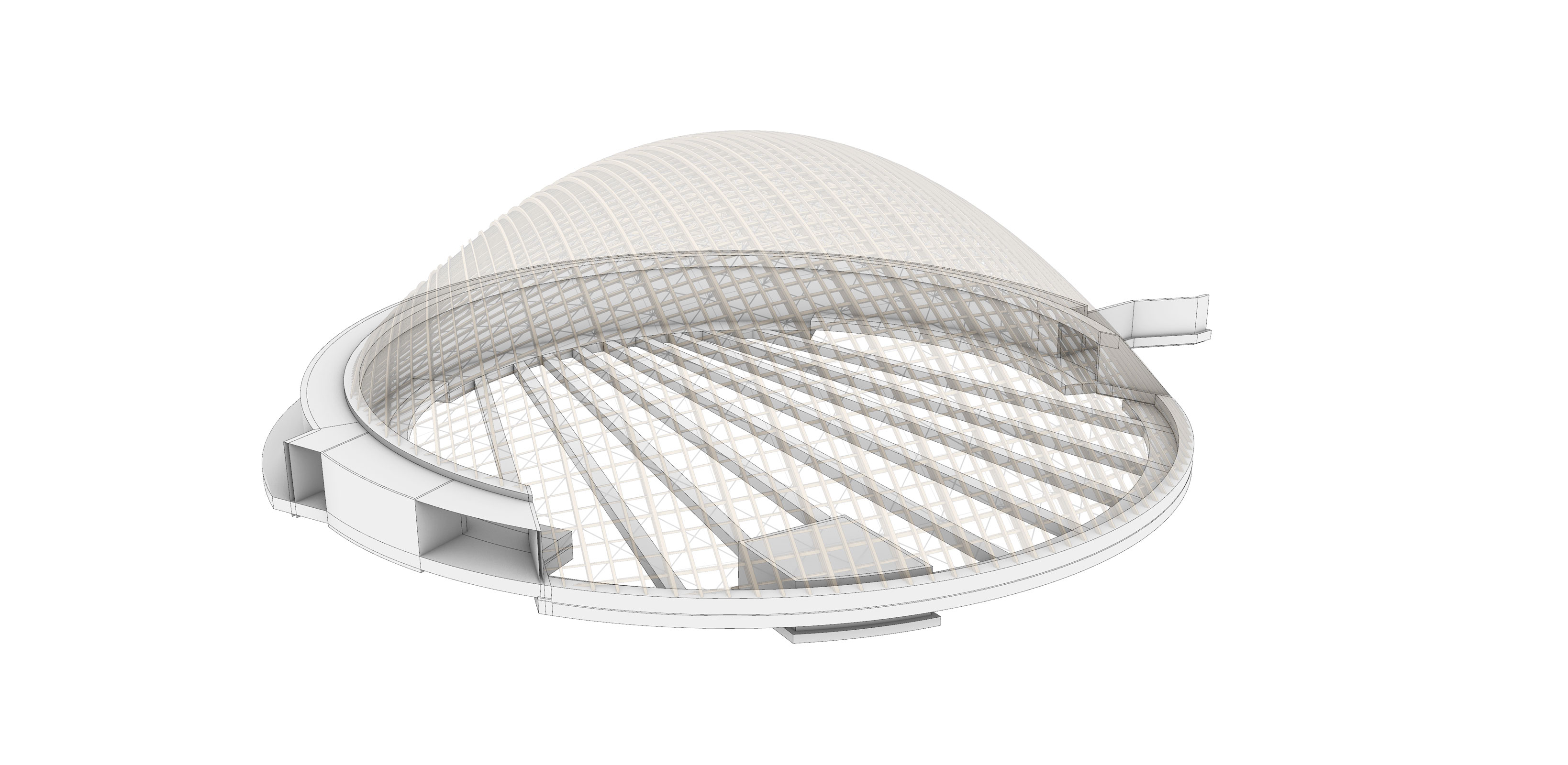 Geodesic glass-dome stadium model showing radial trusses over a circular arena on white background.
