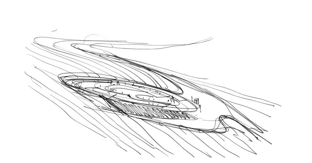 Rough sketch of an oval stadium with tiered seating on a hillside and spectators around the arena.