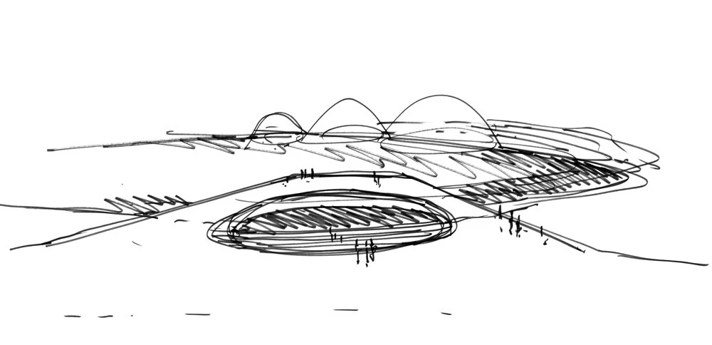 Abstract sketch of an oval stadium with circular seating bowl and distant hills on a flat landscape.