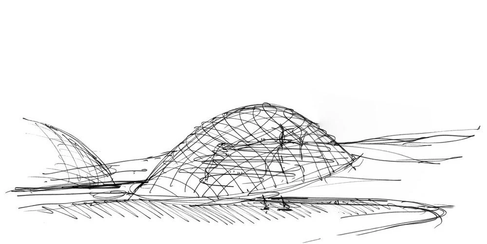 Geodesic dome sketch with lattice framework on a flat landscape.