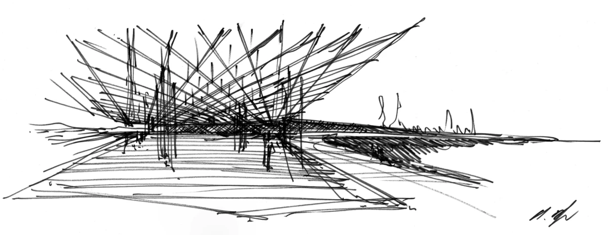 Abstract ink sketch with a dense cluster of diagonal lines radiating from a dark central band above a flat horizon.