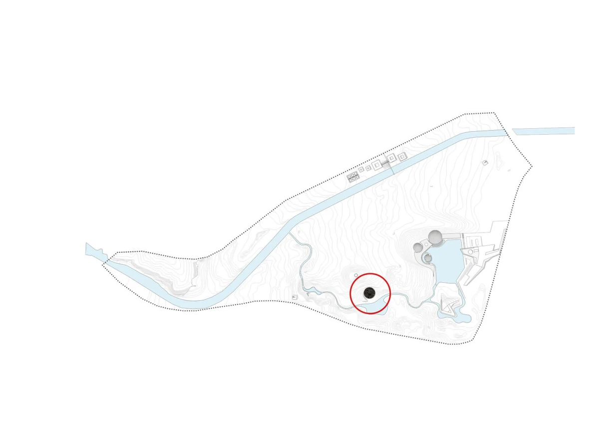 Circular black feature circled in red on a park site map with a winding river and contour lines.