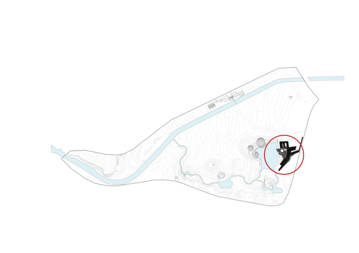 Topographic map featuring a winding waterway, dotted boundary, and a red-circled black silhouette of a tower on the right.