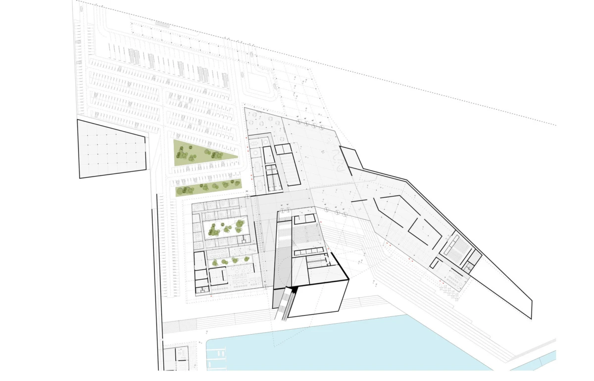 Isometric site plan of a contemporary building complex with angular wings and landscaped courtyards along a waterfront.