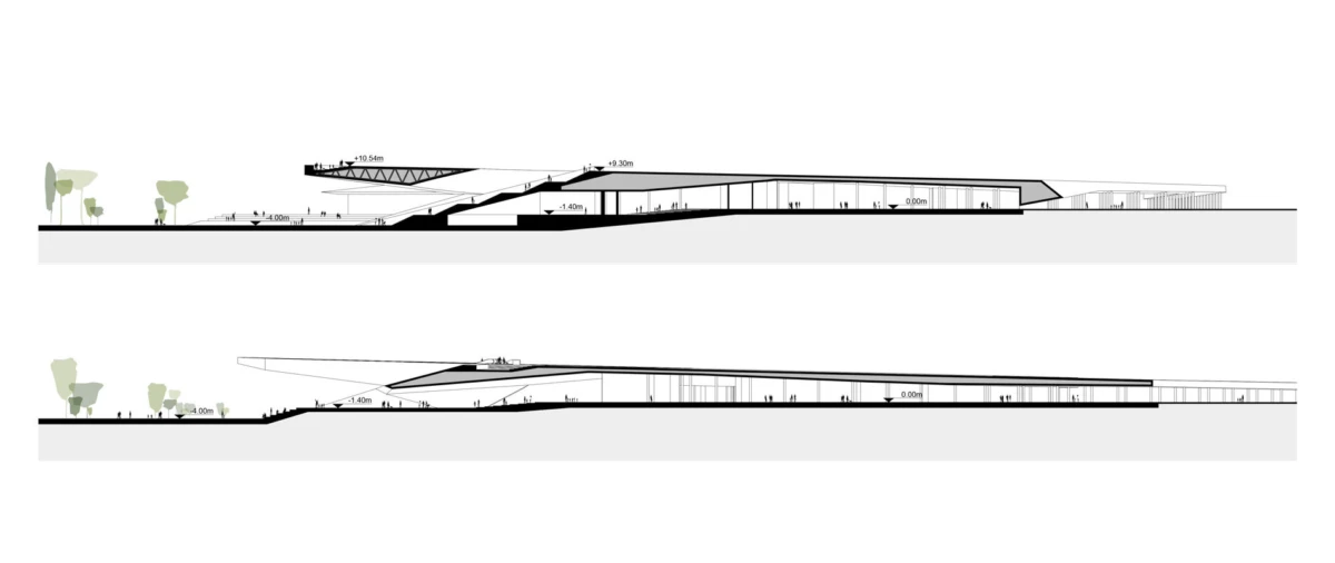 Two architectural section drawings of a long, low modern building with a sloped roof and sparse landscape trees on the left.