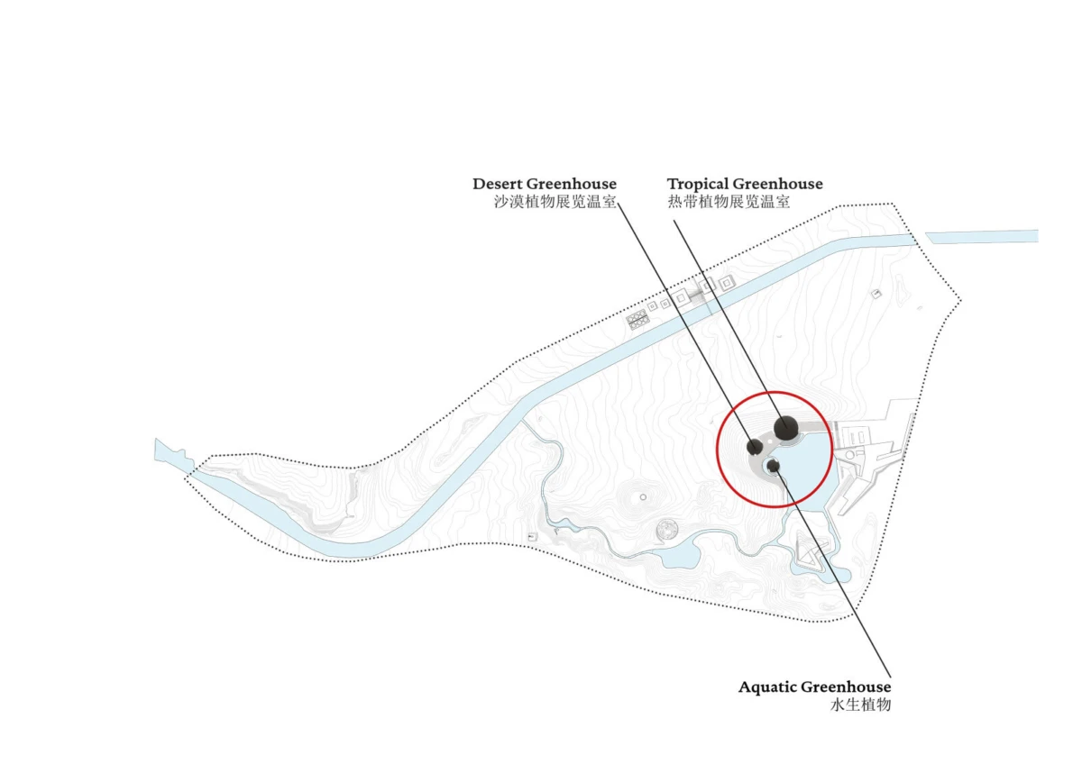 Map of a greenhouse complex with Desert Greenhouse, Tropical Greenhouse, and Aquatic Greenhouse; red circle marks circular structures near a river.