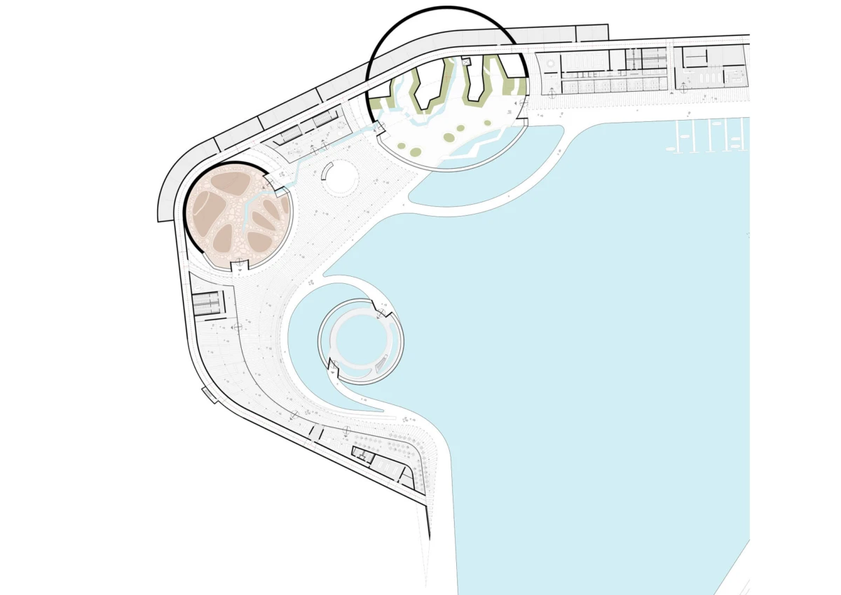 Top-down plan of a waterfront development with a curved promenade, circular plazas, a central circular pool, and brown circular pavilion.
