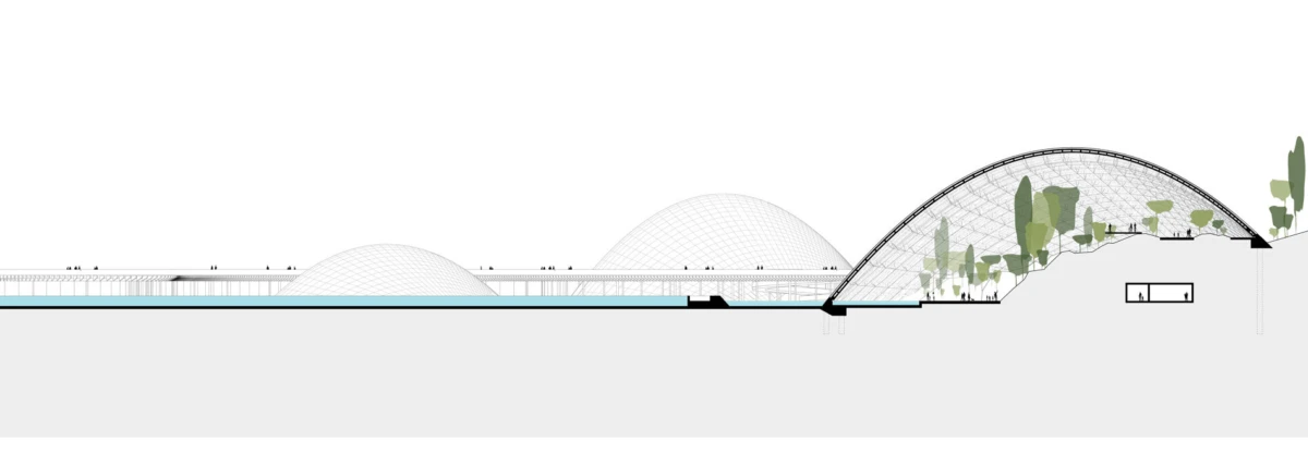 Cross-section of a glass greenhouse with domed and arched roofs, interior trees, and people on elevated walkways.