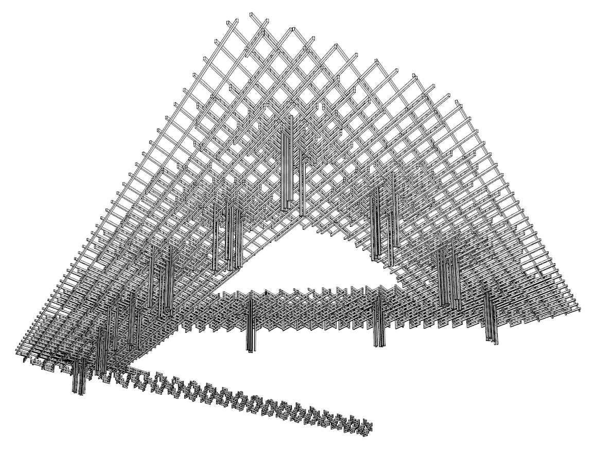 3D steel lattice truss forming a triangular arch with vertical supports on a white background