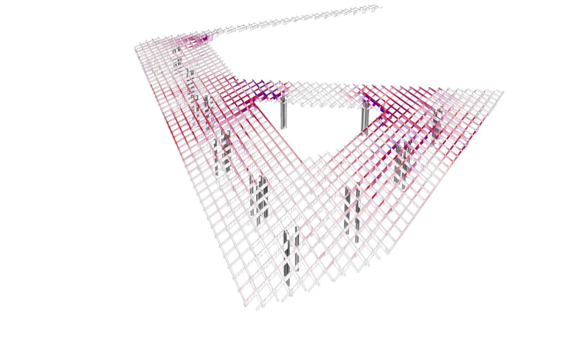 Construction workers walk along an elevated red-and-white steel lattice framework.
