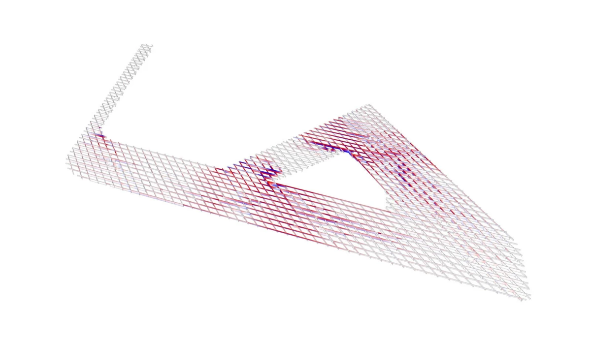 Abstract geometric lattice ribbon with red and blue diagonal lines twisting across a white background.