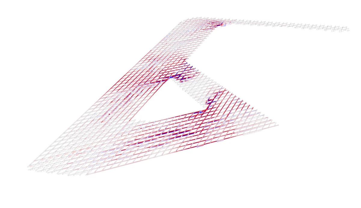 Abstract composition of overlapping red and purple diamond-patterned lattice planes on a white background.