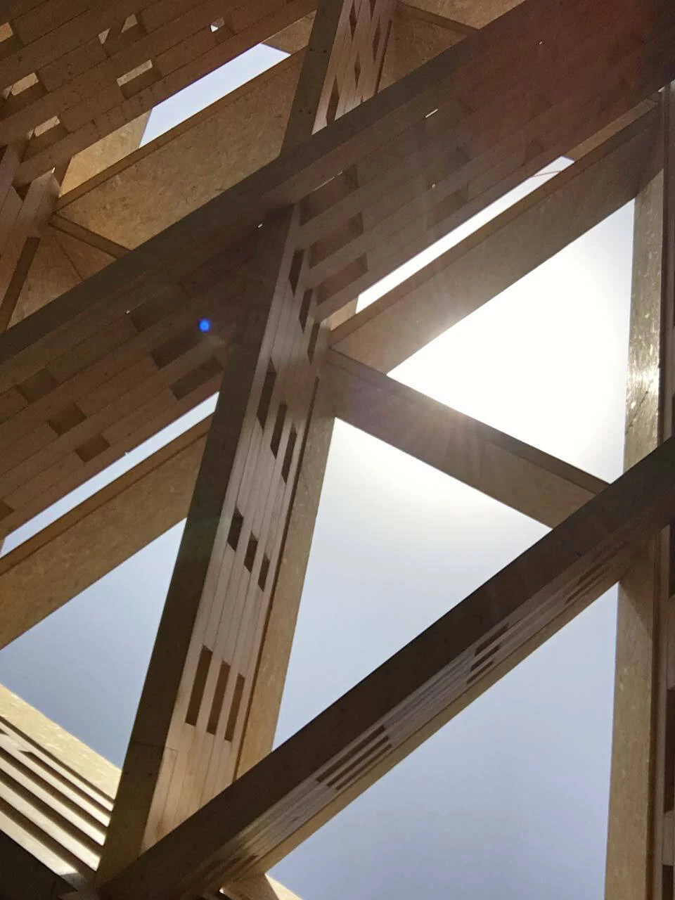 Crisscrossing wooden beams form an abstract lattice structure outdoors, sunlight streaming through.
