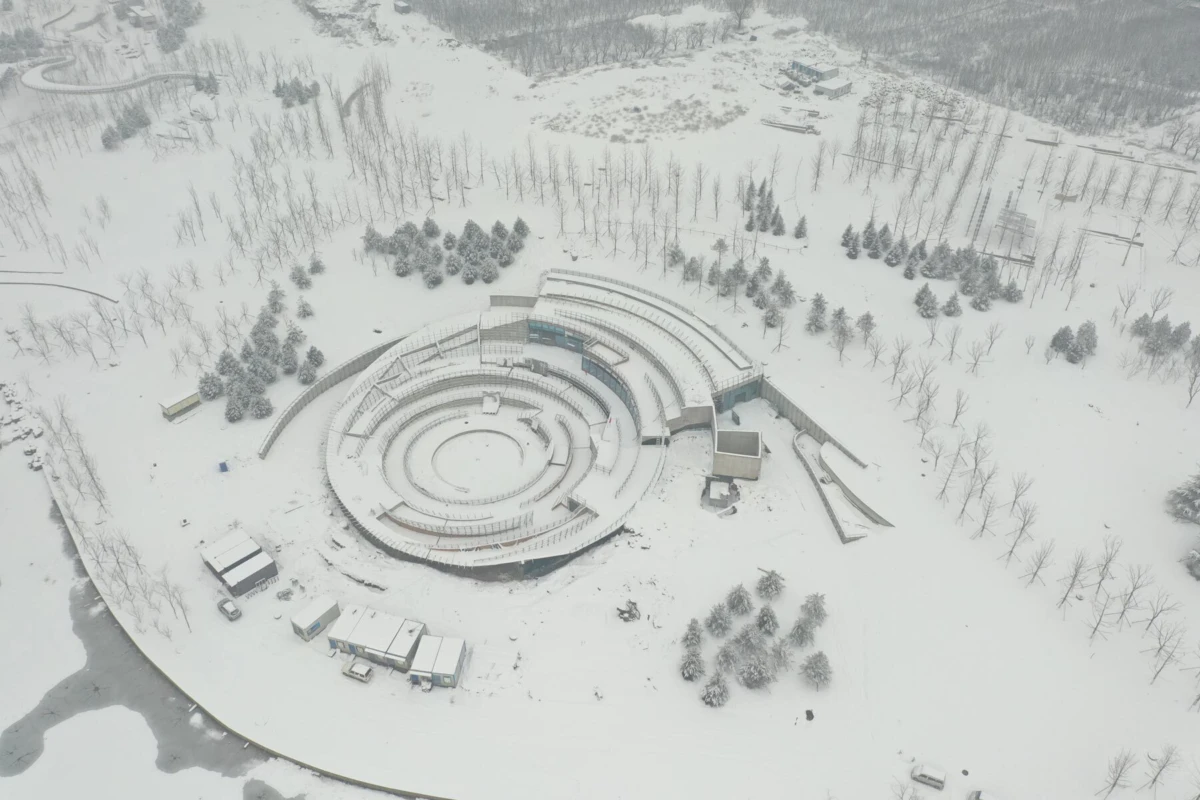 Snow-covered outdoor amphitheater with concentric circular seating, surrounded by bare trees in a wintry landscape.