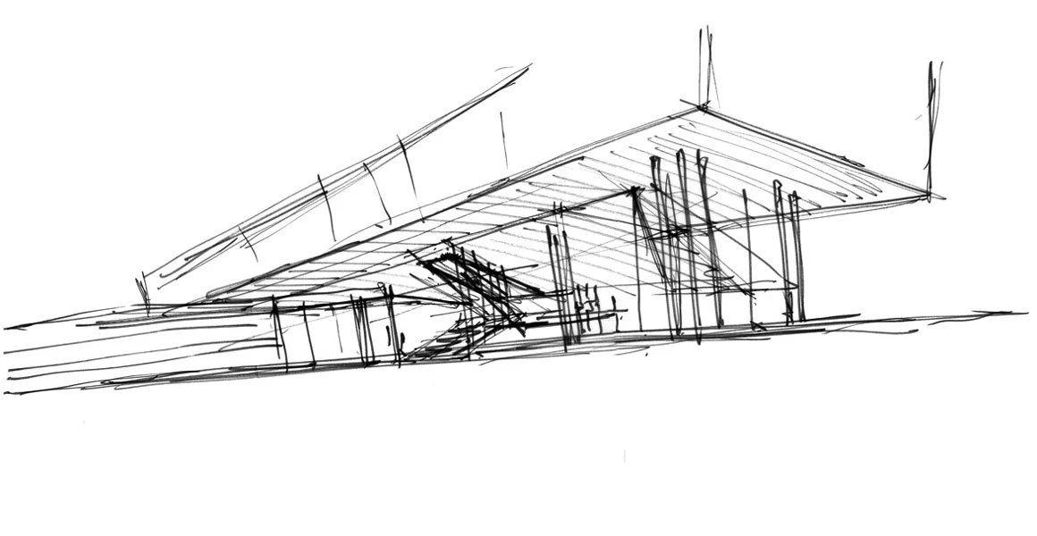 Sketch of a modern pavilion with a diagonally slanted roof supported by columns, viewed in perspective.