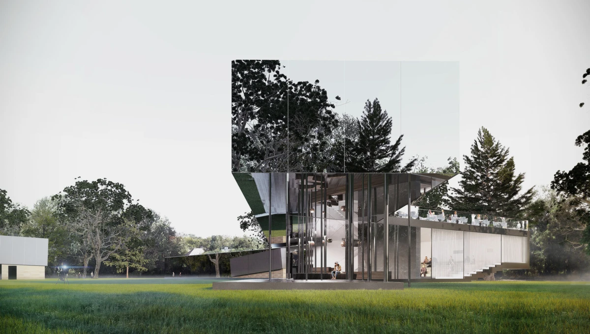 Two-story glass pavilion in a grassy park surrounded by trees; people seated inside and on the upper terrace.