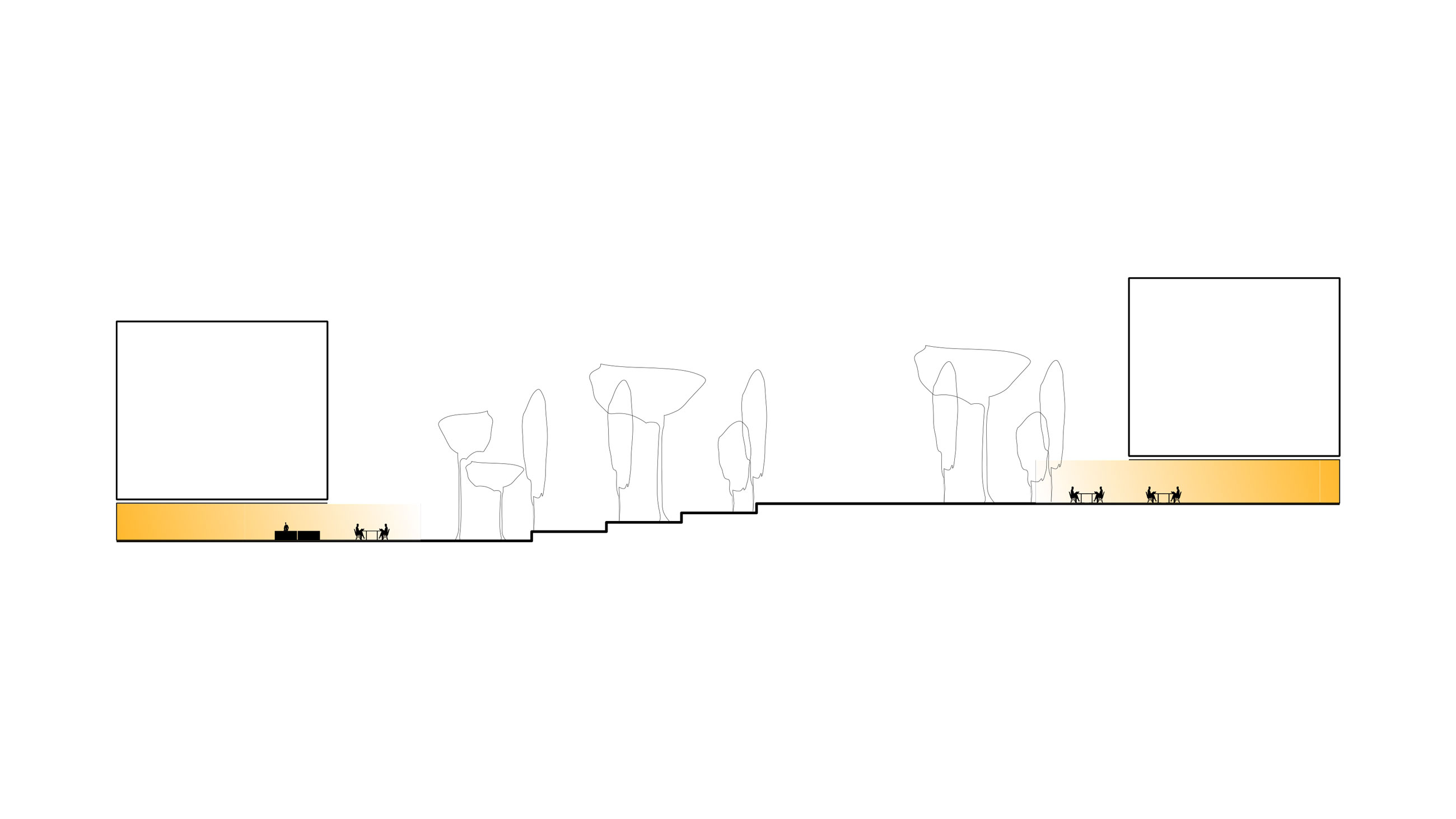 Cross-section of an urban street showing two blocky buildings, orange sidewalk, trees, and pedestrians.