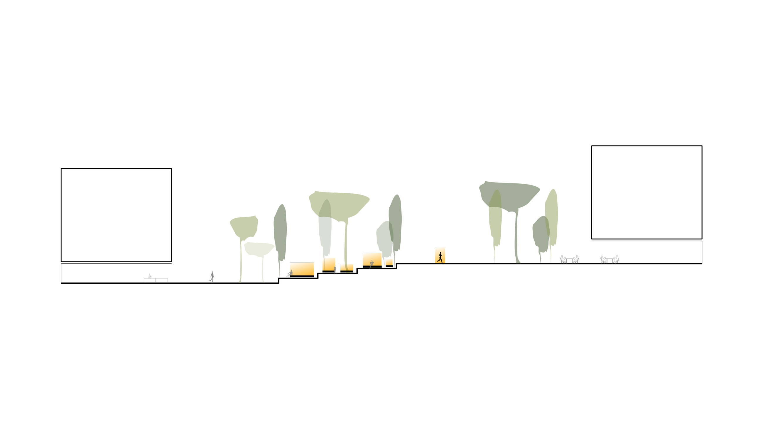 Architectural section of an urban plaza with scattered trees, stepped seating, and a lone pedestrian between two rectangular buildings.