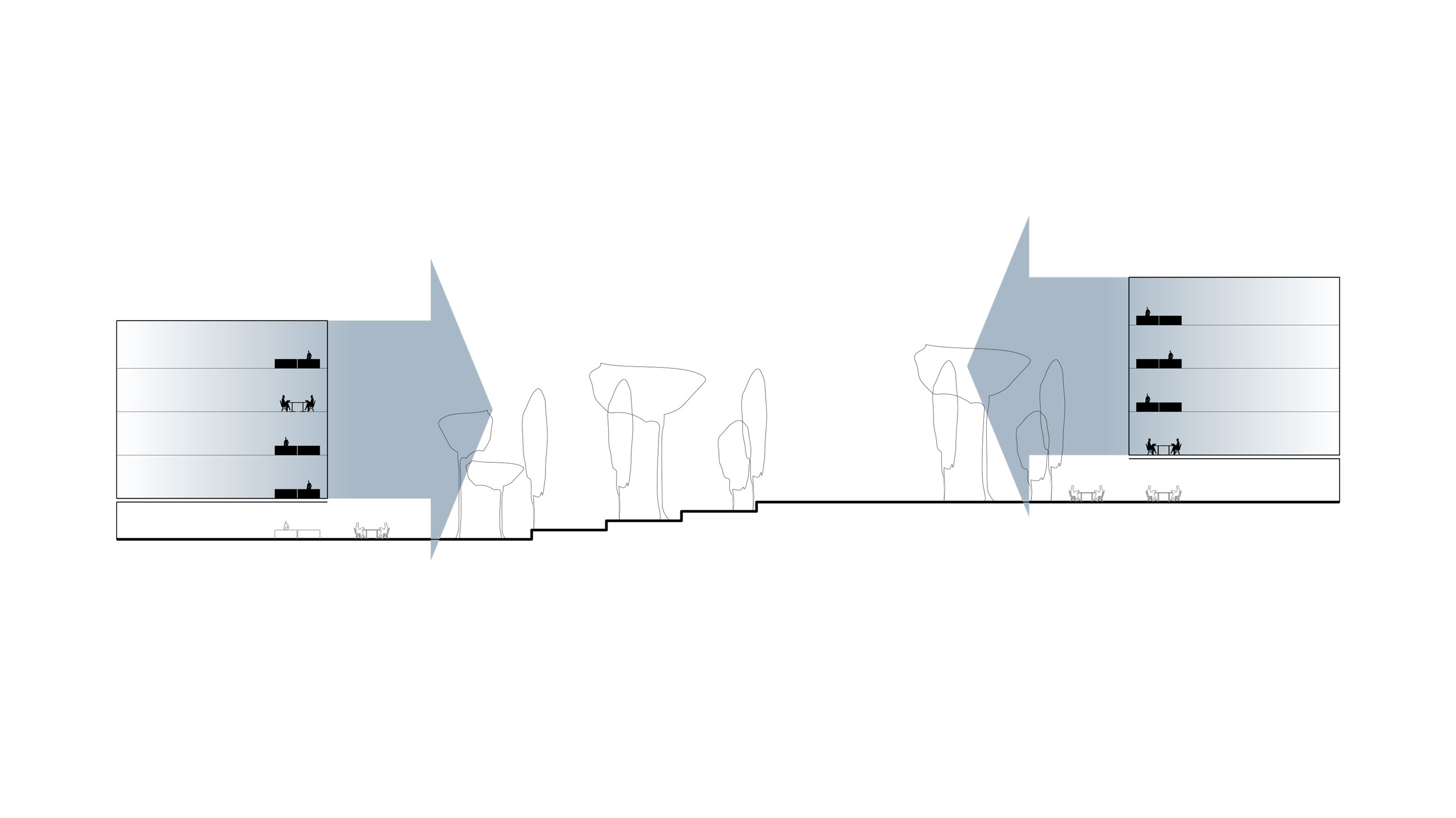 Cross-section of a public plaza between two modern, multi-story buildings with blue angular canopies, trees, and pedestrians with dogs.