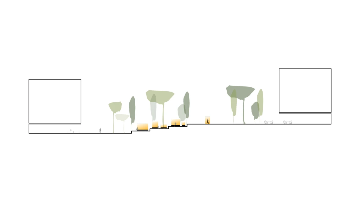 Architectural section of an urban plaza with scattered trees, stepped seating, and a lone pedestrian between two rectangular buildings.