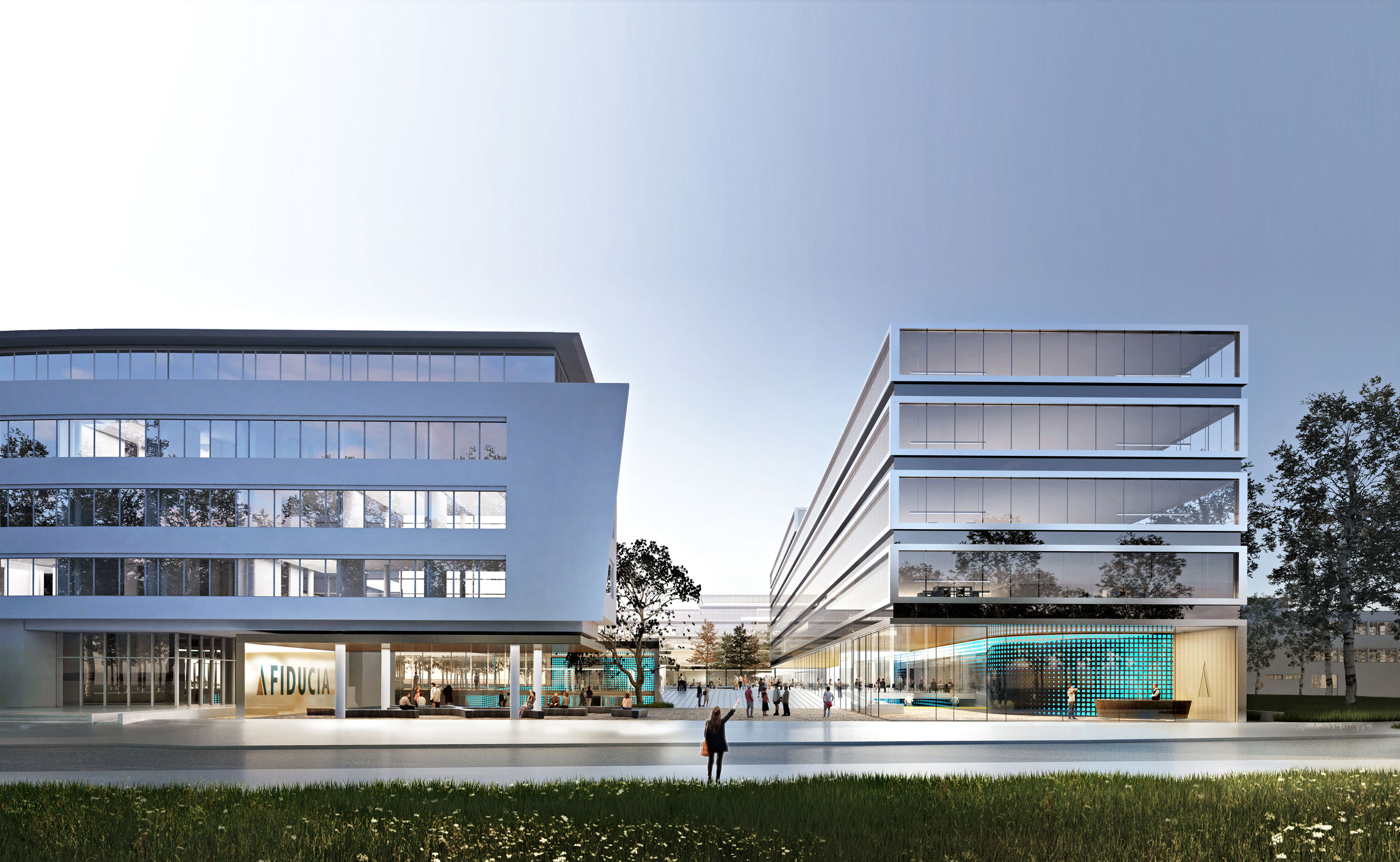 Two modern glass-office buildings frame a pedestrian plaza; people walk between, turquoise-lit wall on the right.