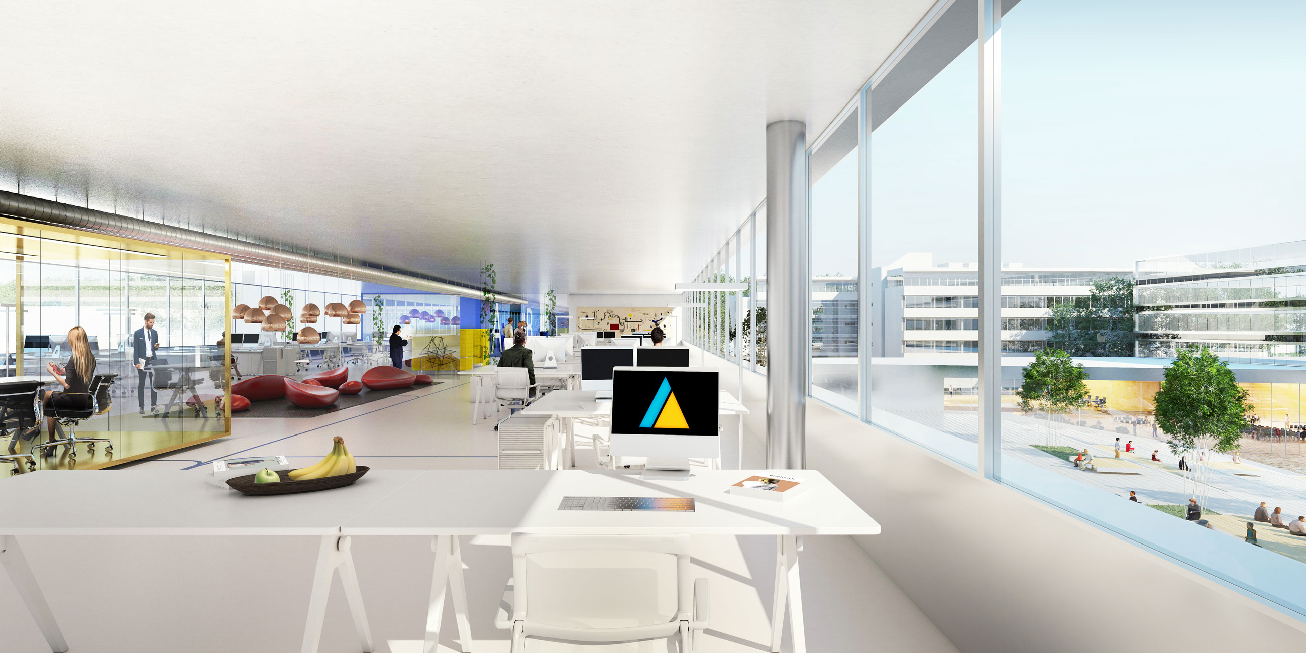 Bright open-plan office with large windows and a glass-walled meeting room; employees work at white desks.