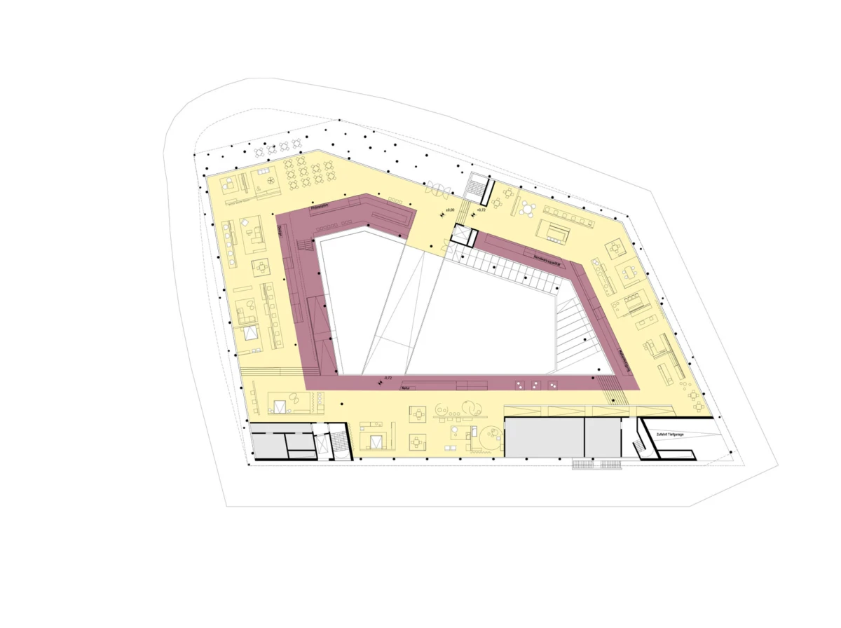 Architectural floor plan of a triangular building with a central atrium; yellow office spaces and a purple circulation ring.