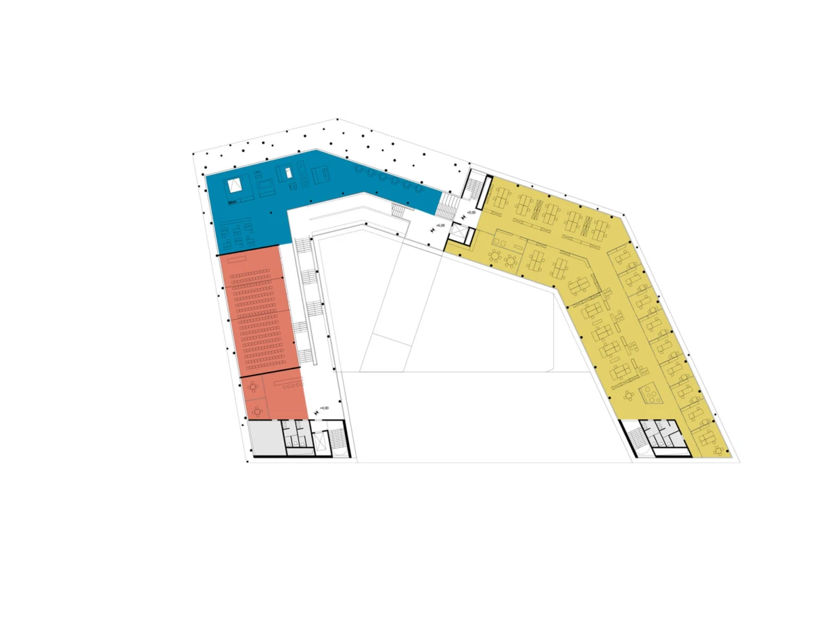 Architectural floor plan of an L-shaped building with blue area, red block, and yellow office corridor around a central white core.