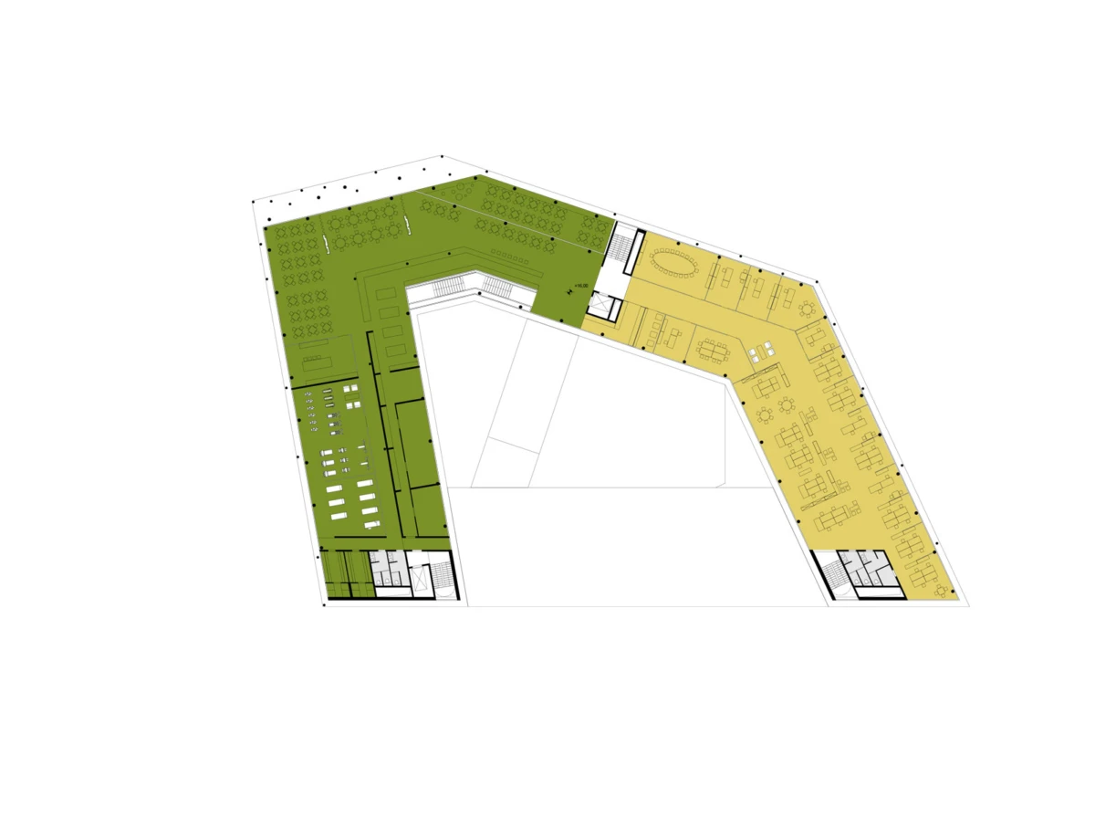 Floor plan of a polygonal building showing green offices and workstations and yellow open-plan offices and meeting areas surrounding a central atrium