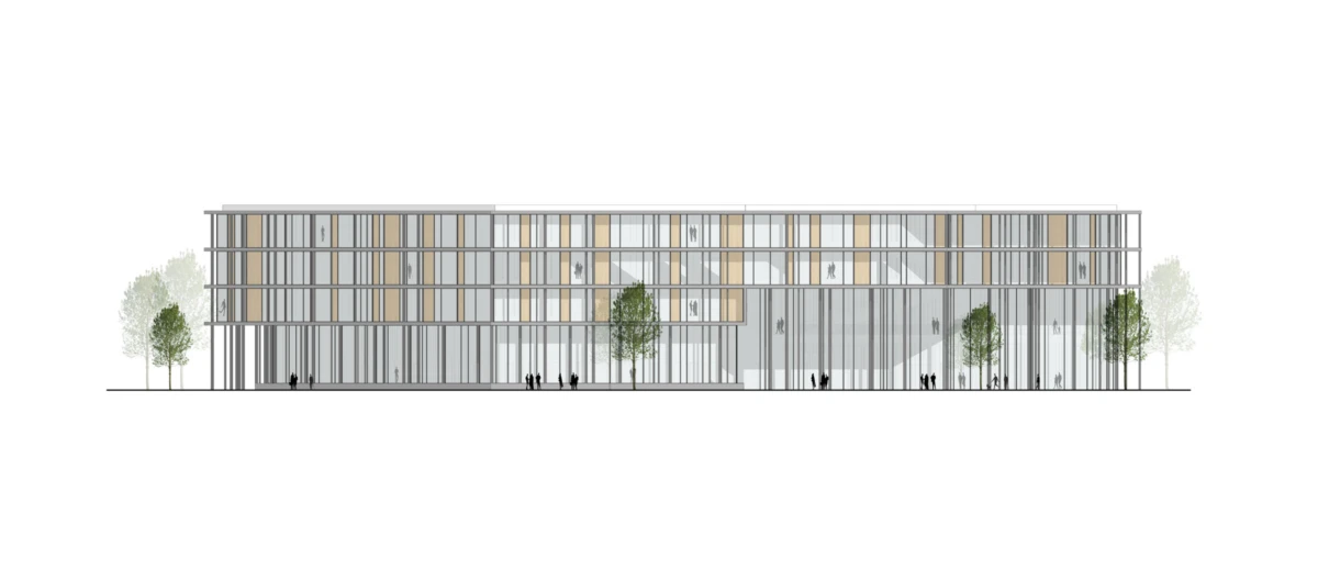Long glass-fronted office building with a multi-story curtain-wall facade; pedestrians walking along a tree-lined street.