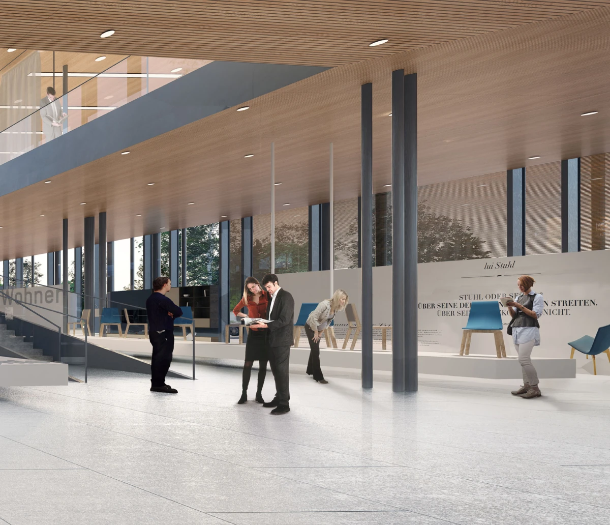 Group of professionals examining documents in a modern furniture showroom atrium with wooden ceiling and glass walls.