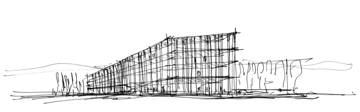 Modern glass-fronted building with a slanted roof and vertical window lines on a flat landscape with sparse trees.