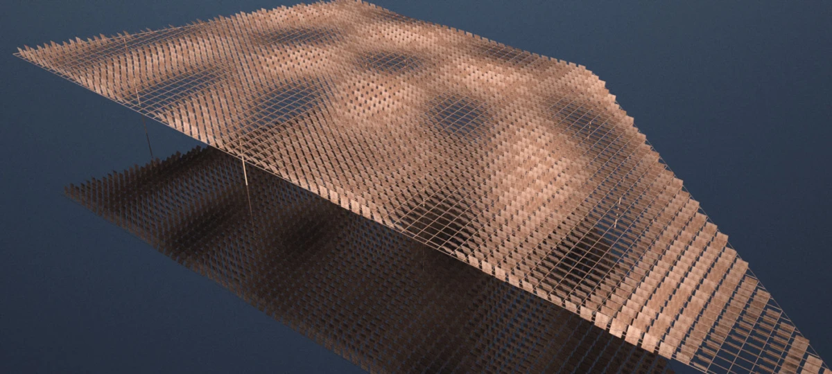 Copper-colored perforated metal grid sculpture with two overlapping diagonally oriented panels against a blue sky.