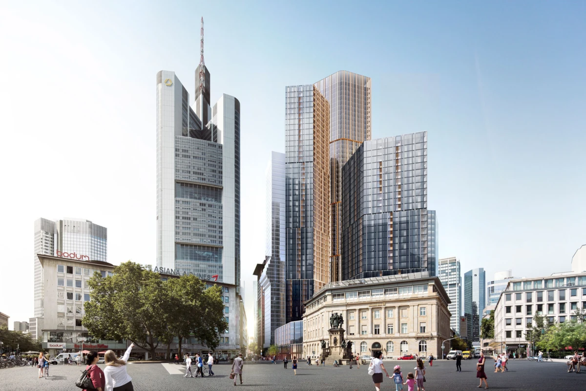 Pedestrians in a city square, with a historic beige building and statue, framed by futuristic skyscrapers.