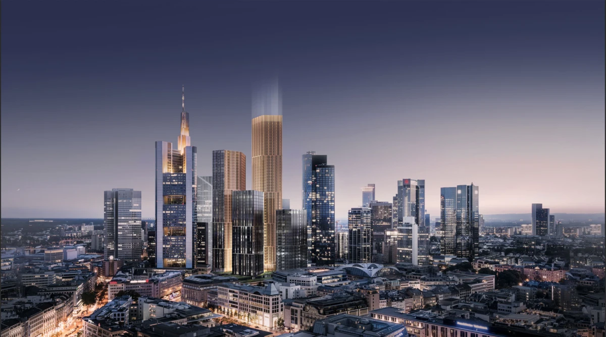 Modern city skyline with illuminated skyscrapers at dusk.