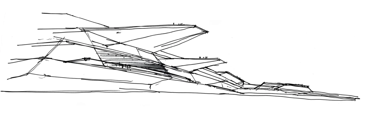 Abstract line drawing of a jagged, layered landscape created by crisscrossing black lines.