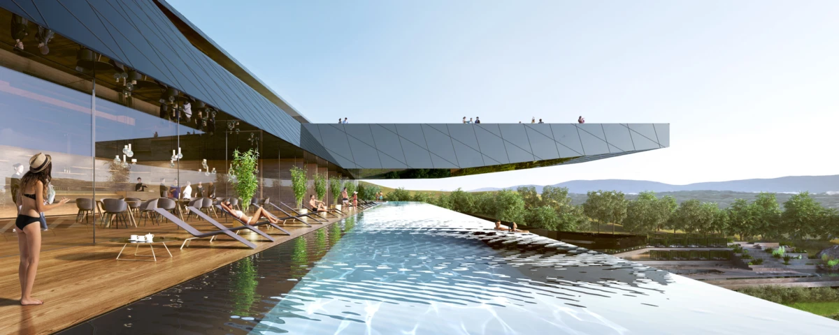 Glass-walled modern resort with an infinity pool and wooden deck; people lounge in swimsuits along the poolside.